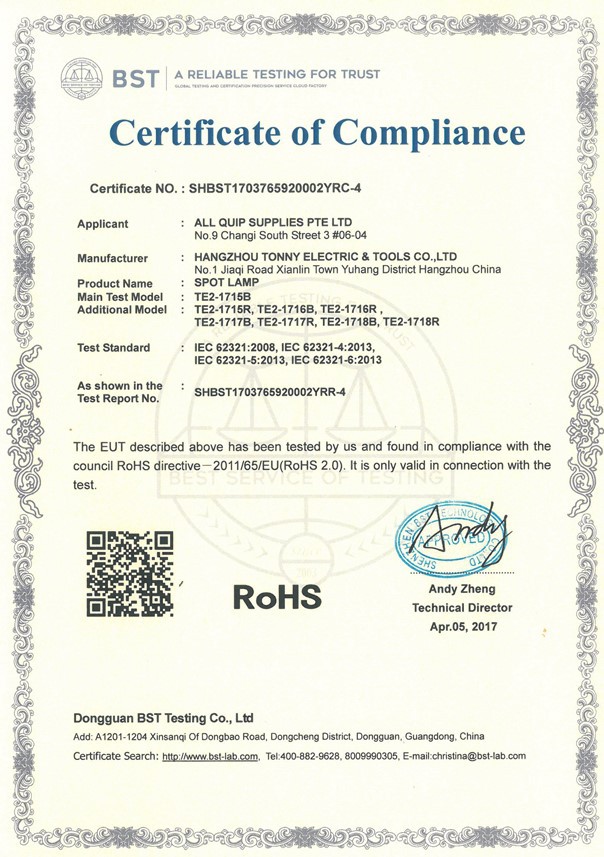 RoHS Compliance Certificate RoHS Compliance Certificate